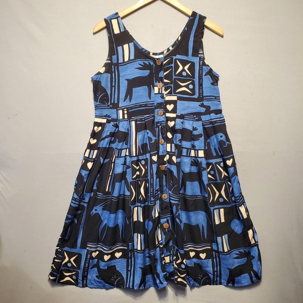 VTG Pineapple Moon Dress Womens M‎ Blue Batik Animal Rayon Button Front Sundress